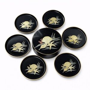 Vintage Otagiri Japan Lacquer Coaster Set w/ Holder – Black & Gold Seashell